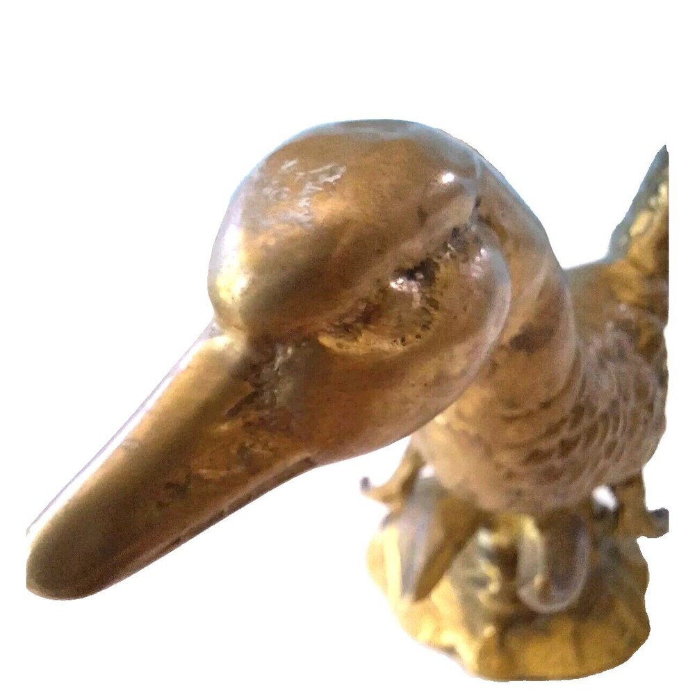 VTG Heavy Solid Brass Duck Fowl Taking Flight Sculpture Nice Patina & Detail - Picture 10 of 14